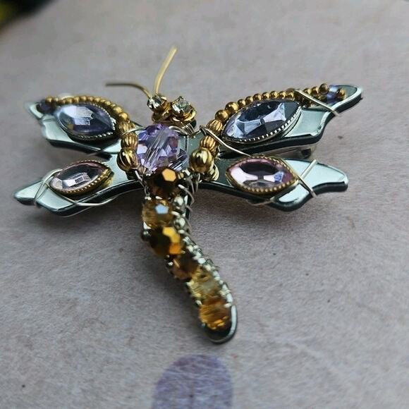 Liztech Dragonfly '13 Brooch Pin Signed Vintage Mixed Metal Rhinestone Insect - Picture 1 of 9